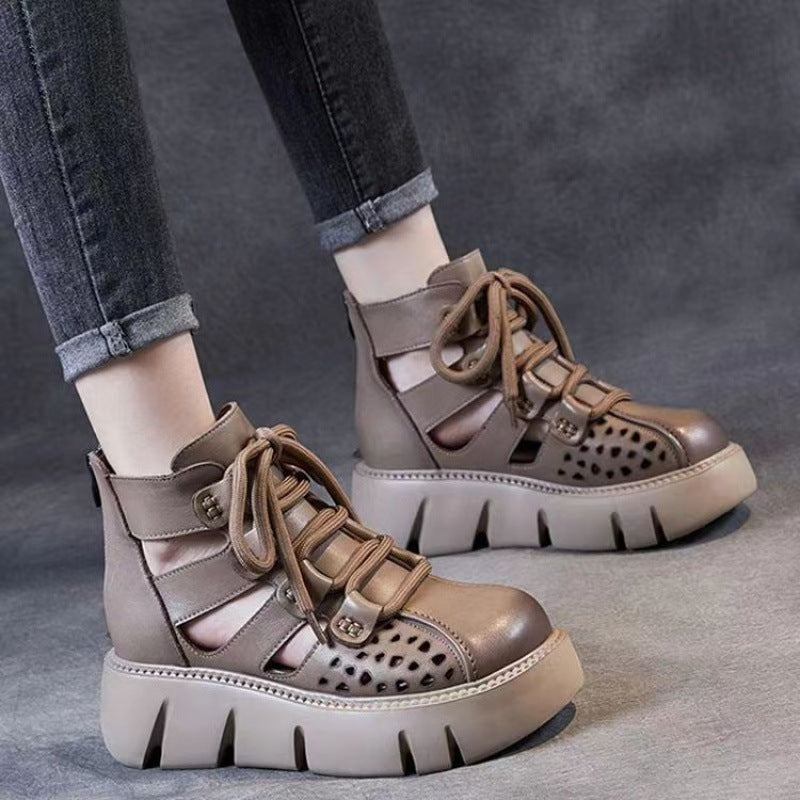 Women's Platform Sandals All-matching Hollow Hole Hole Shoes Fashion Soft Leather Cowhide Sandal Boots