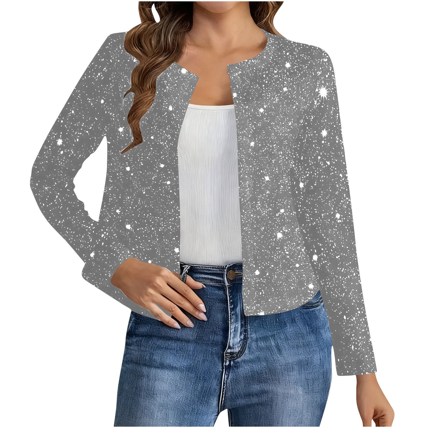 Fashionable Cardigan Long-sleeve Gold-foil Jacket For Women