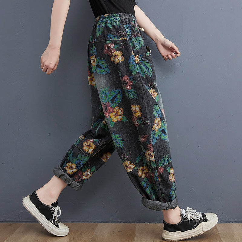 Women's Autumn Retro Print Casual Washed Jeans Harem Pants