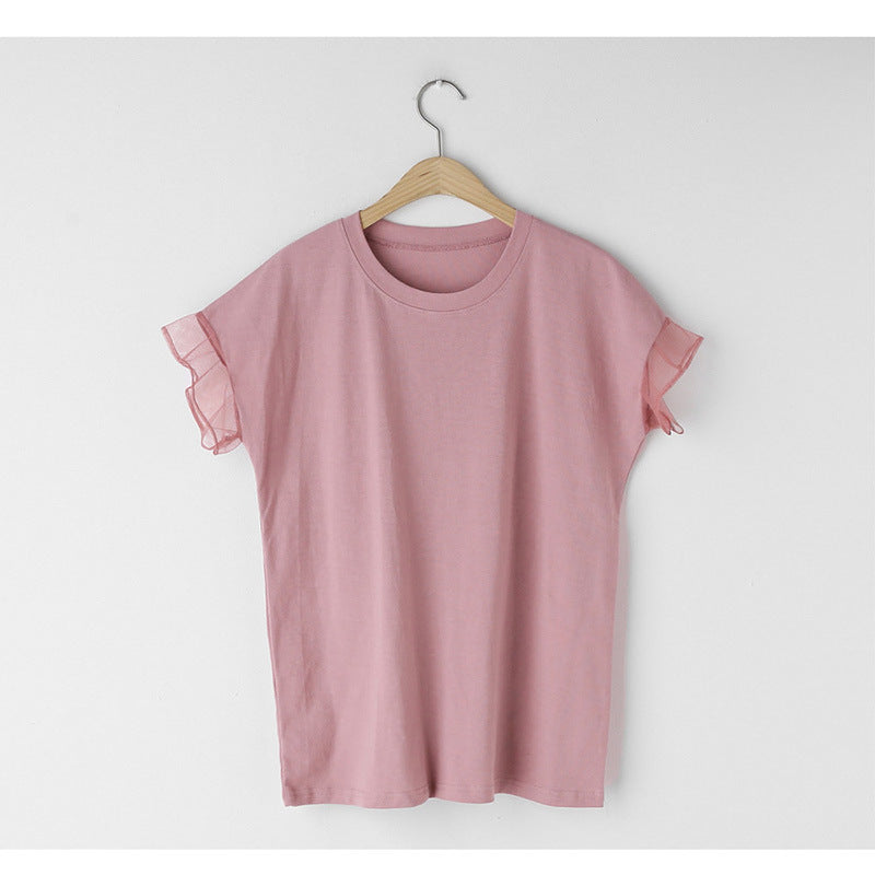 T-shirt til kvinder med rund hals, mesh-flæseærmer og ensfarvet design
