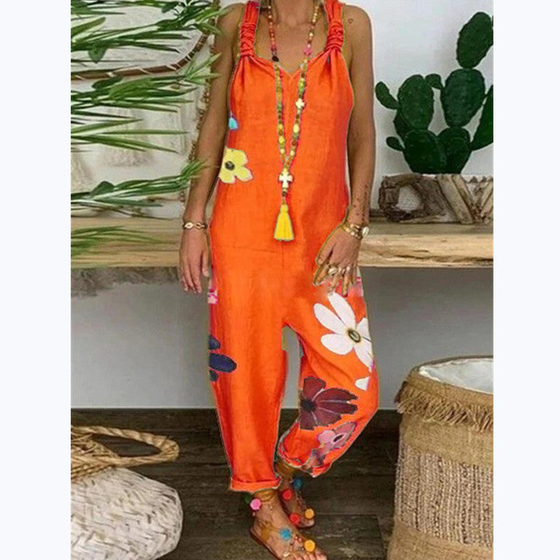 Women's Fashion Minimalist Loose Fitting Casual Printed One Piece Strappy Trousers