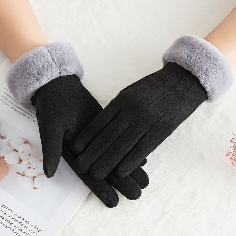 Suede warm gloves double layer plus velvet thick wind and cold riding touch screen gloves