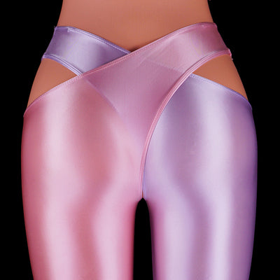 Glossy Leggings Patchwork Color Cross Open Crotch Pants