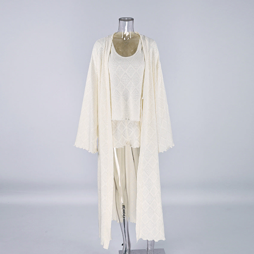 Womens Knitted Jacquard Hollow-Out Nightgown Camisole And Shorts Three-Piece Set