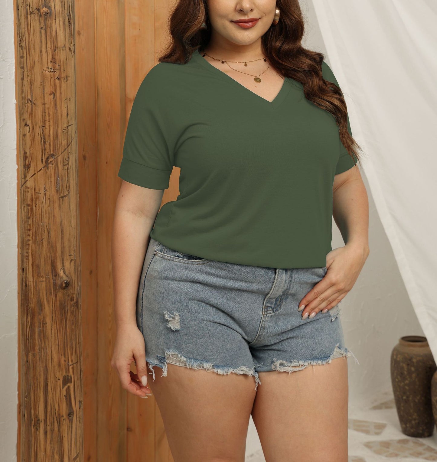 V-neck Solid Color Short-sleeved Shirt Loose
