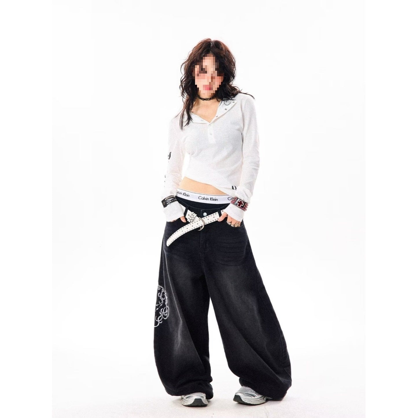 Womens Embroidered Patchwork Casual Straight-Leg Pants