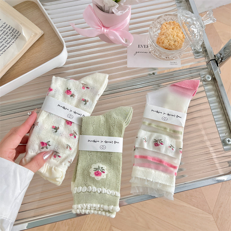 Green Powder Small Floral Glass Silk Pile Women's Socks