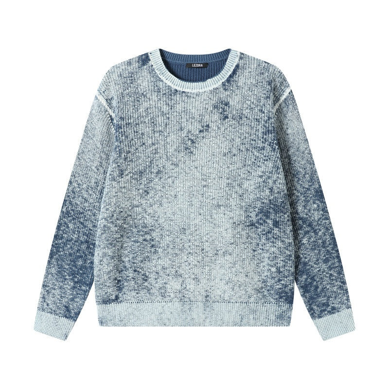 Mens Washed Fluffy Soft All-Cotton Blue-and-White Reverse-Print Sweater