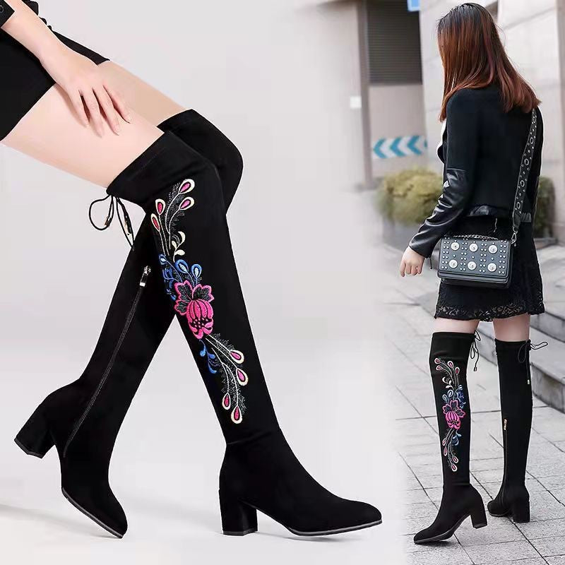 Women's Long Pointed Toe Thick-heeled Suede Boots