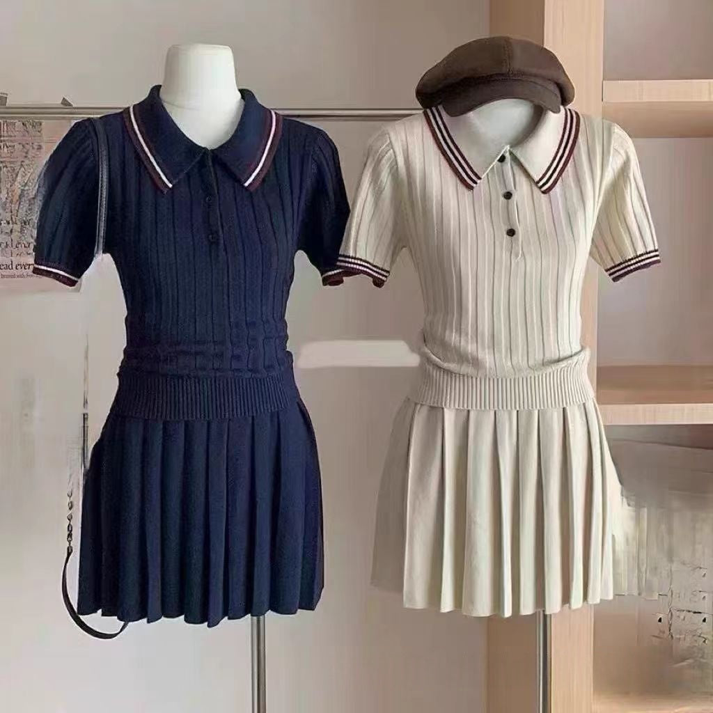 Womens Short Knitted Pleated Skirt Two-Piece Set