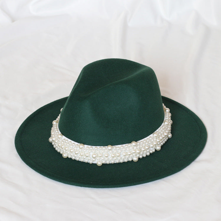 Handmade Pearl Top Hat Big Brim Fur Felt Hat