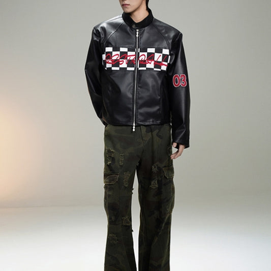 American Retro Plaid Short Stitching Leather Jacket