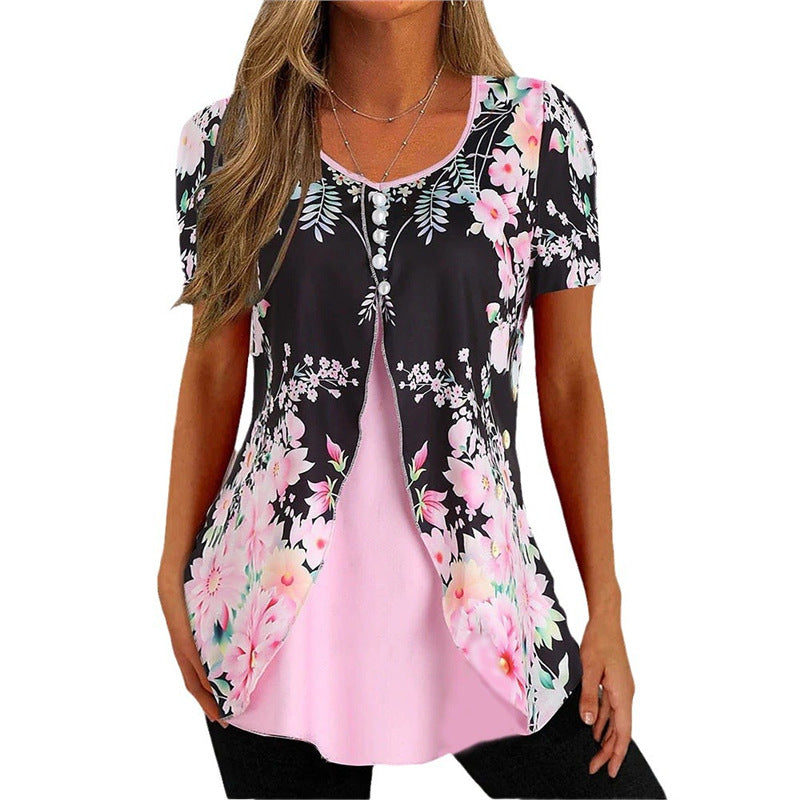 Women's Floral Print Round Neck False Two Pieces Button Short Sleeve T-shirt