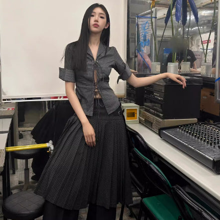 Sweet Cool Girl Style Striped Printed Hollow Personality Niche V-neck Lace Up Half Sleeve Outer Shirt