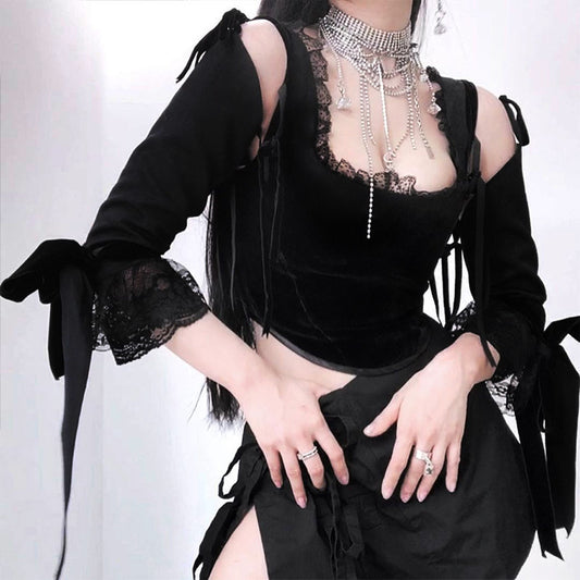 Dark Girl Bottoming Lace Breast-showing Long-sleeved Top