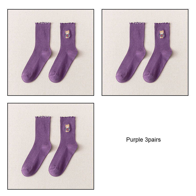 Women's Bear Embroidered Fungus Lace Mid Tube Socks