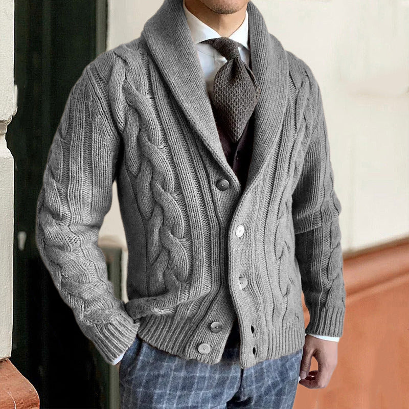 High-neck Twisted Knit Long Sleeve Sweater Coat For Men