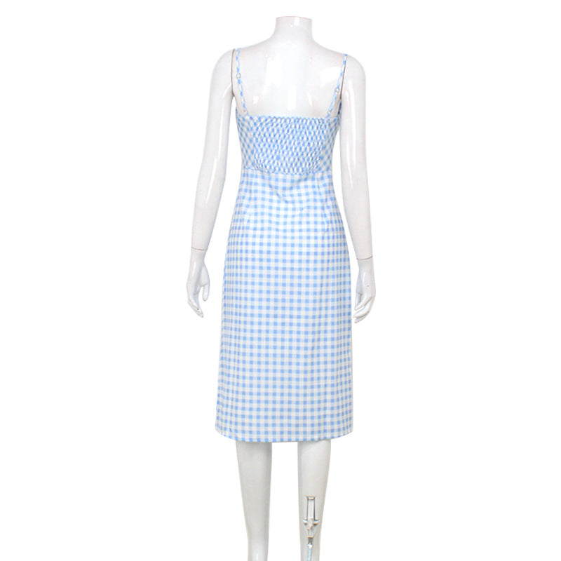 Summer French-Style Gentle Plaid Slip Dress