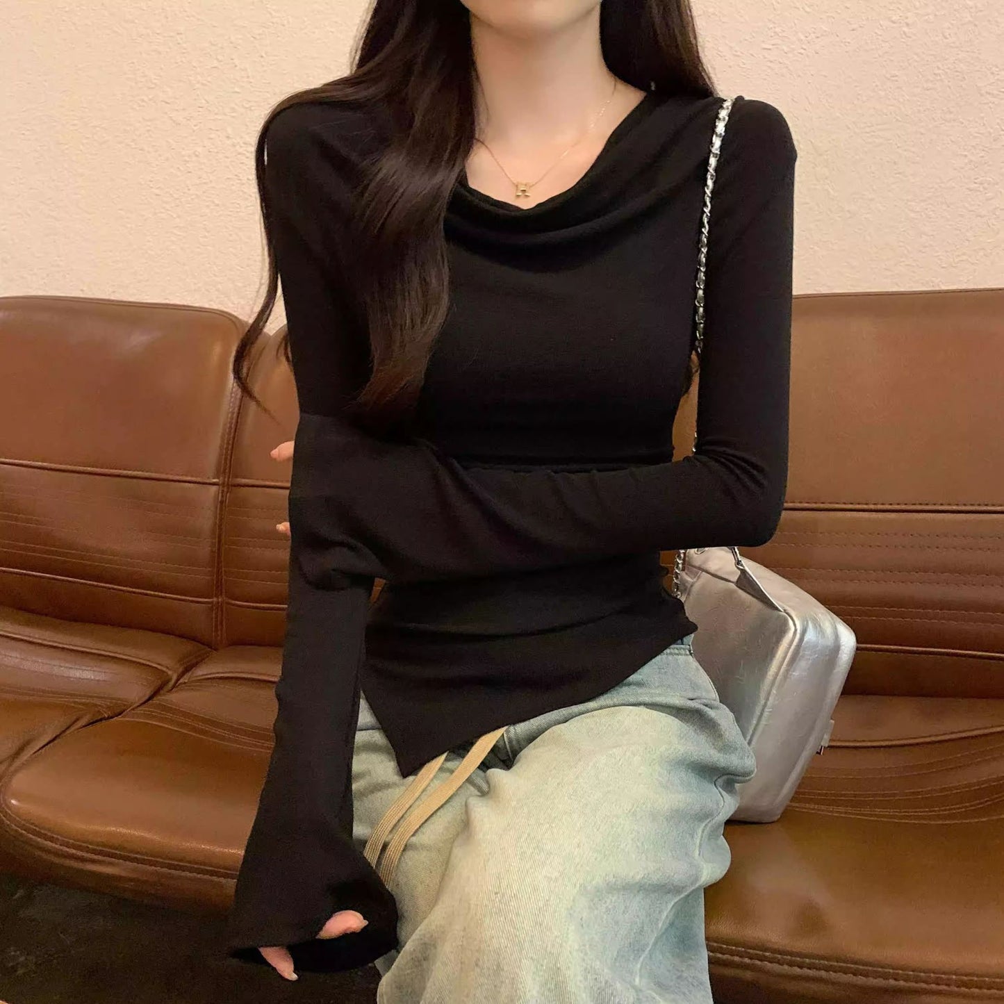 New Slim-fit, Sexy, Asymmetrical Long-sleeve Top