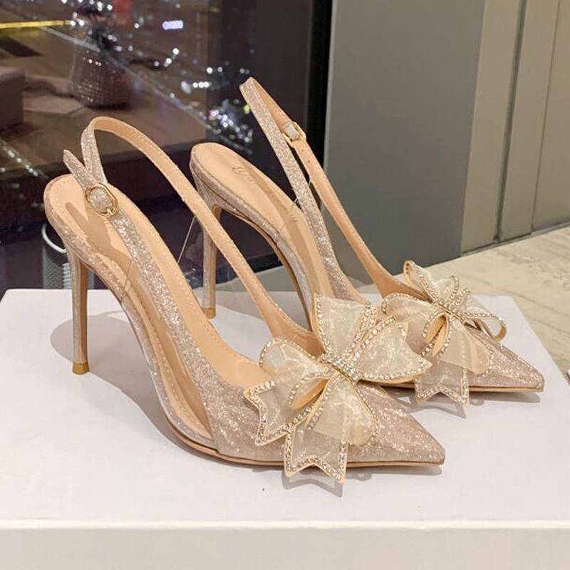 Champagne Bow Rhinestone Stiletto Sheer High Heel Sandals