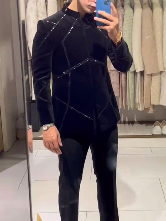Chic Black Structured Jacket With Contrast Geometric Accents