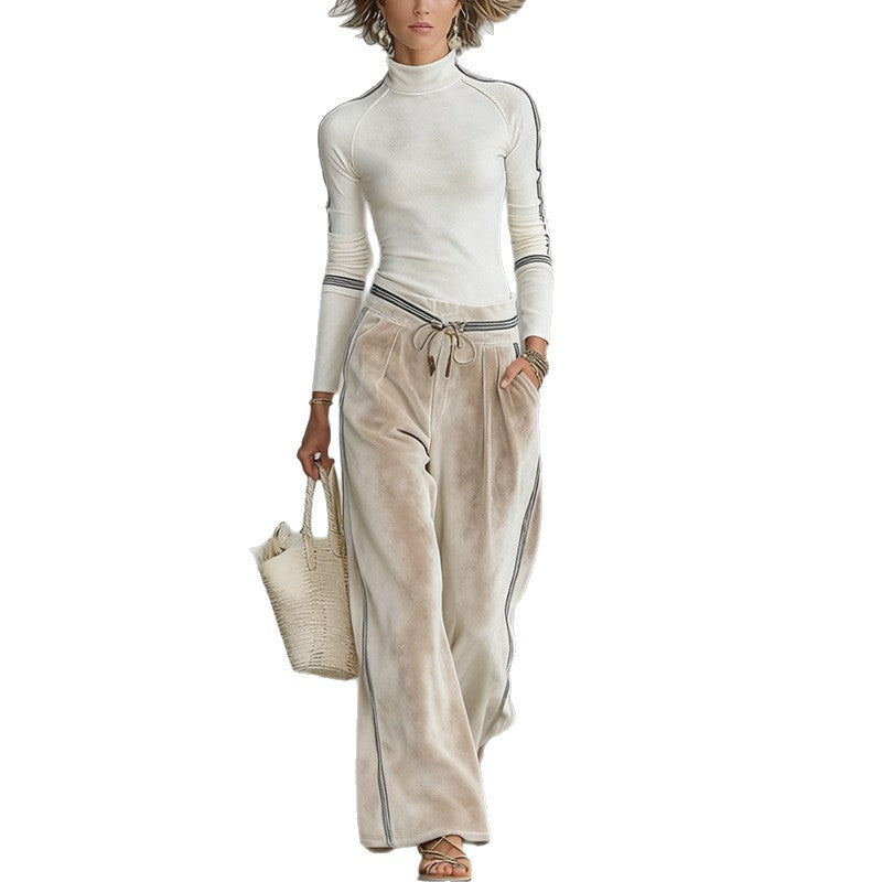 Stylish Casual Sporty Turtleneck Zip-up Wide-leg Pants Set