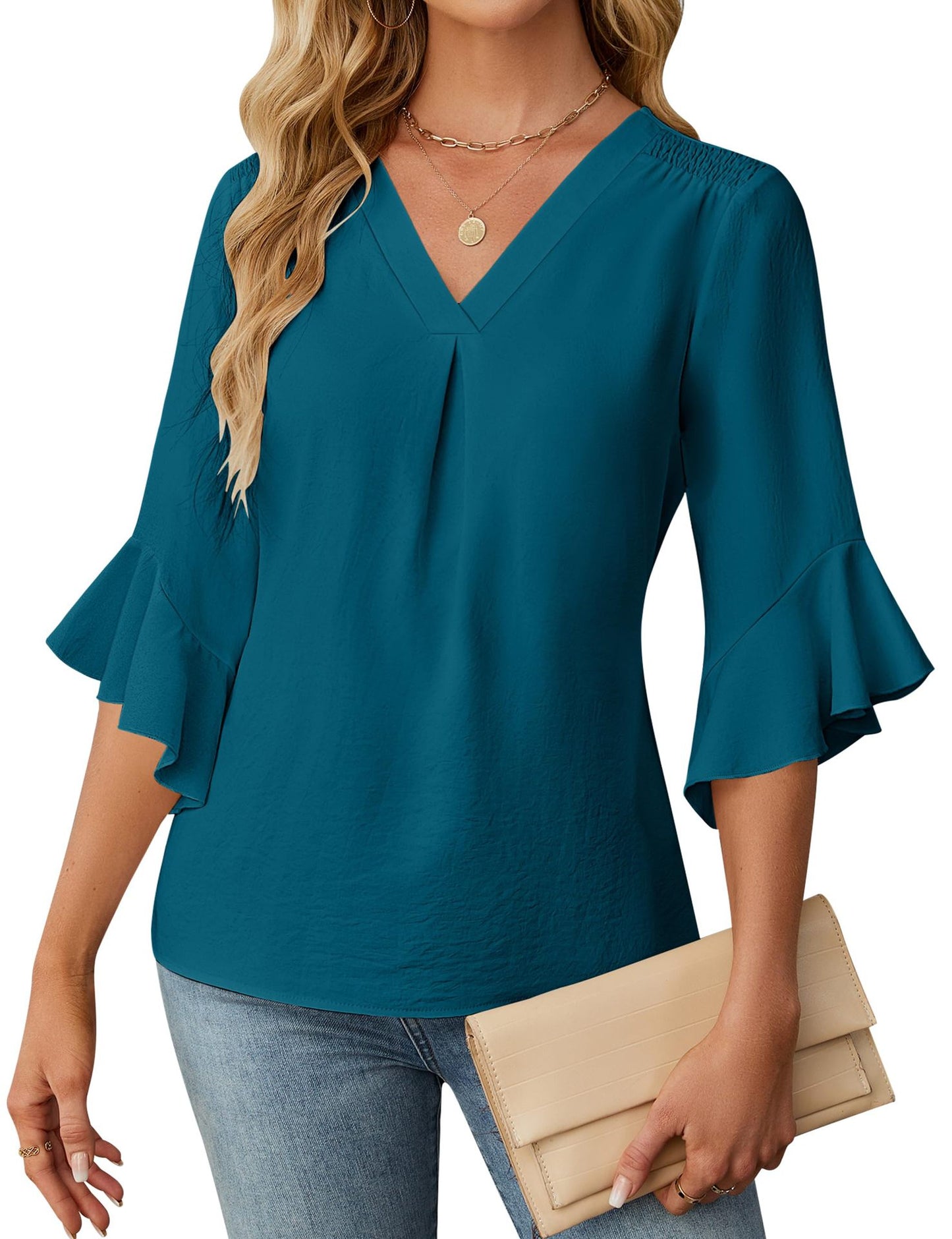 Womens Casual Chiffon Blouse With V-Neck And Ruffle Sleeves