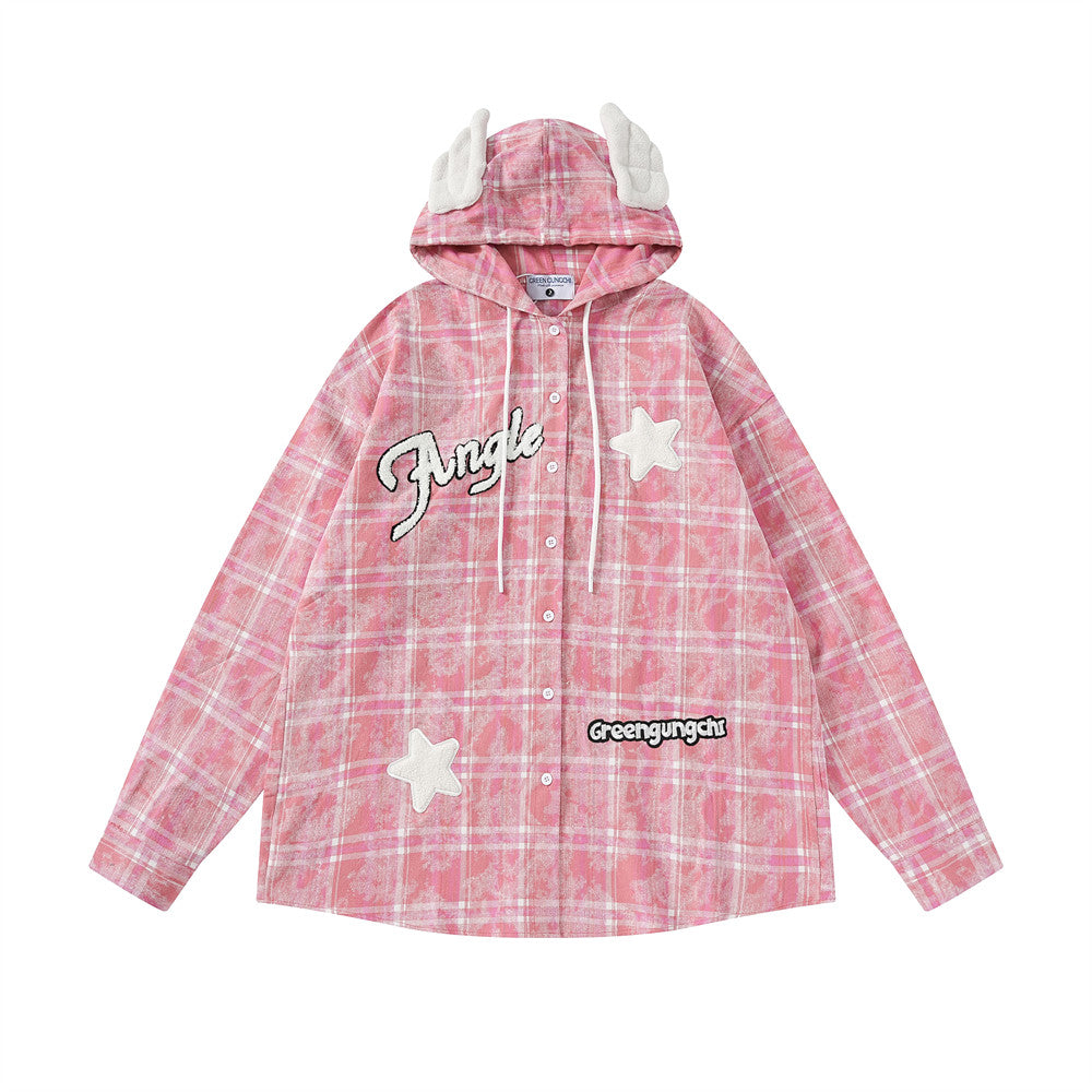 Letter XINGX Embroidered Hooded Plaid Shirt