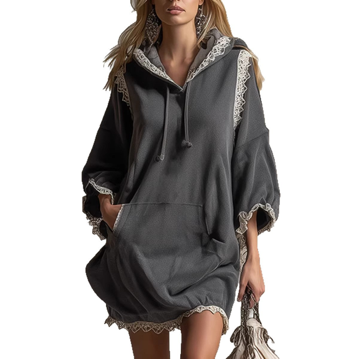 Casual Western-style Lace Patchwork Hooded Dress