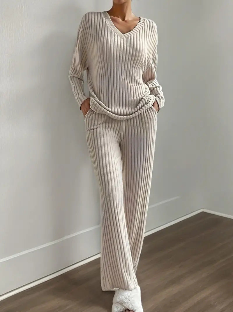 Straight-leg Pants With A Loose And Elegant V-neck Ribbed Two-piece Set