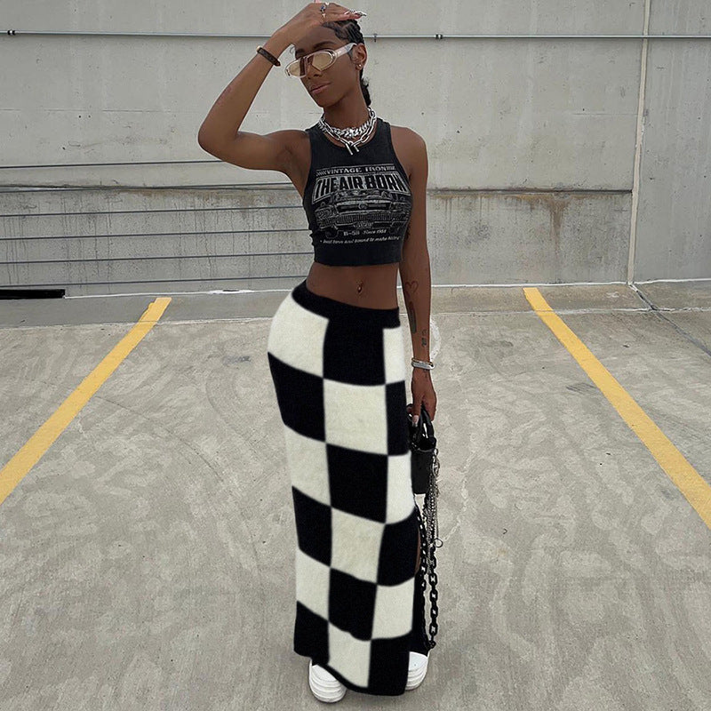 Fashion High Waist Figure Flattering Sheath Checkerboard Plaid Skirt For Women