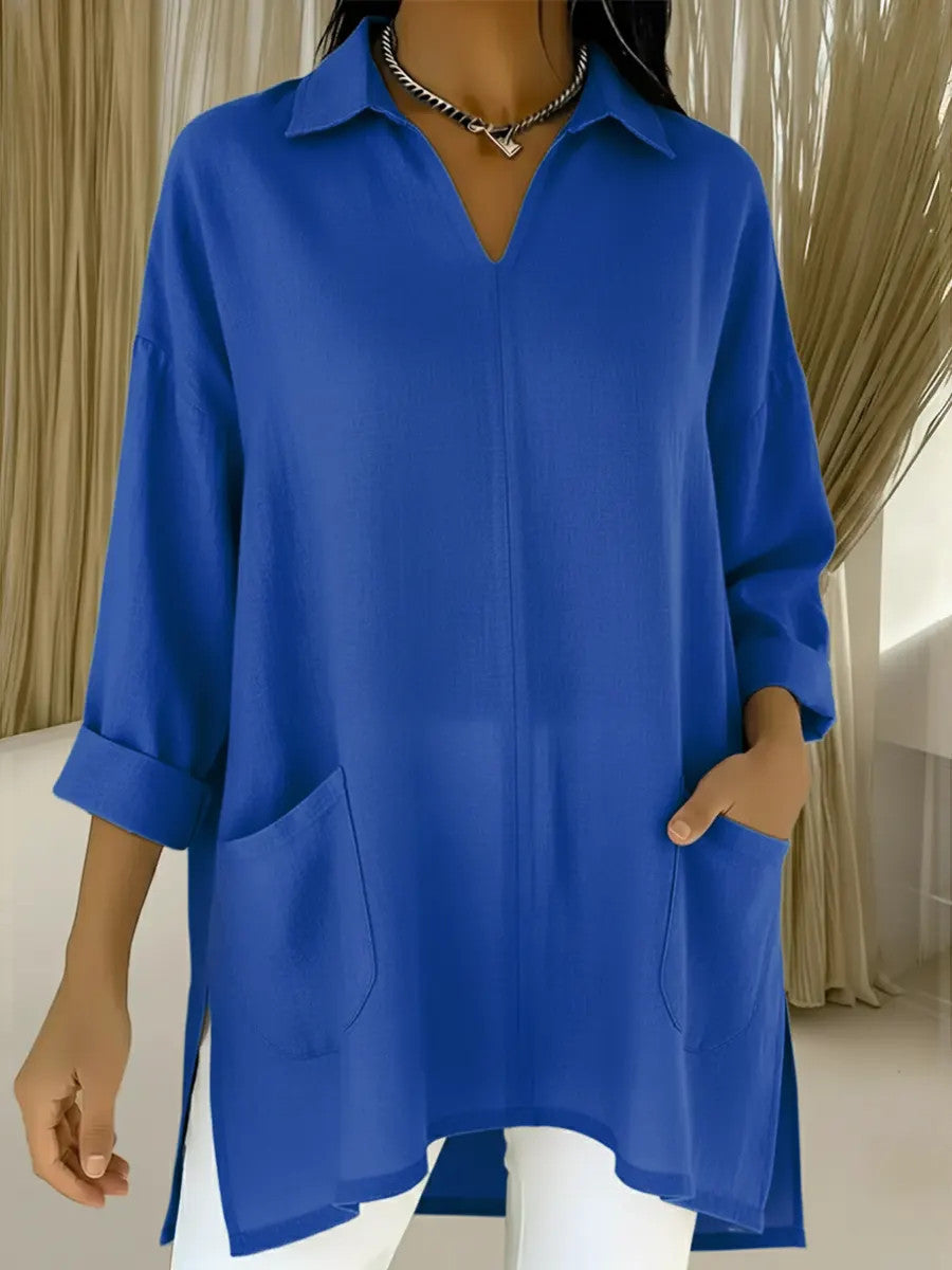Womens Fashion Solid-color Pocket Shirt With A Loose-fitting Collar
