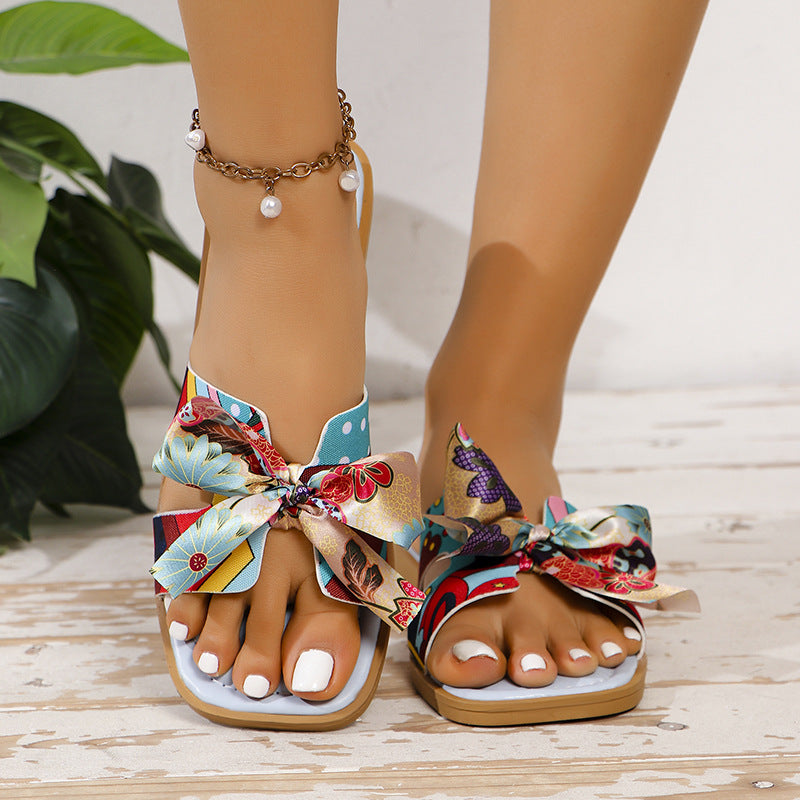 Ribbon Bow Sandaler Sommer Nye Firkantet Tå Lav Hæl Sandal Til Kvinder Slides Mode Afslappede Strandsandaler