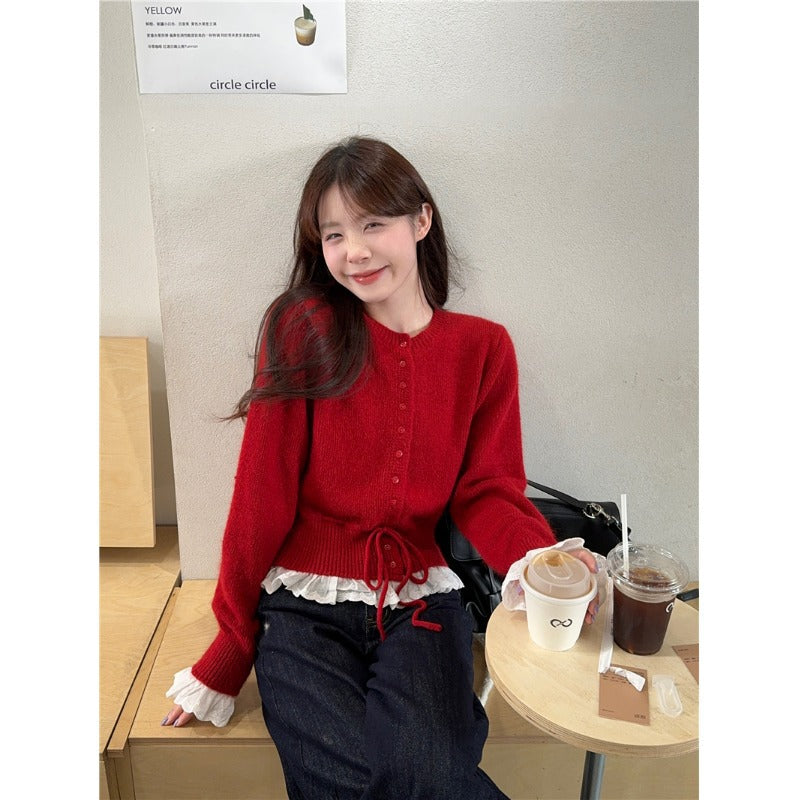 Womens Solid-Color Defined-Waistline Lace-Patchwork Sweater