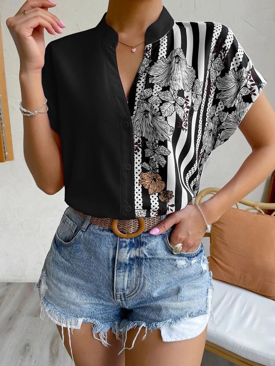 Double Contrast Color Floral Button Cardigan Short Sleeve Shirt
