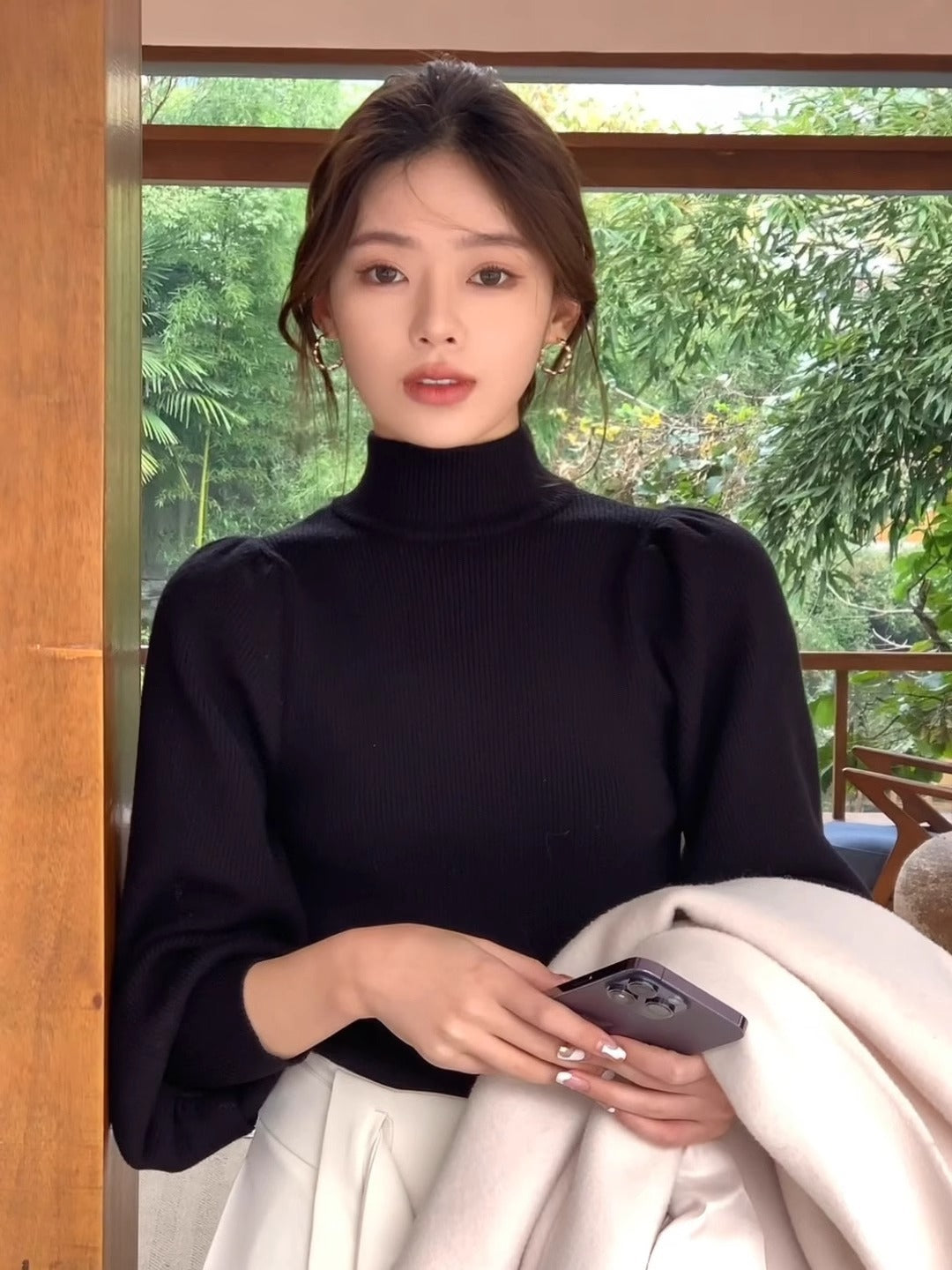 Womens French-style Puff-sleeve Mock-neck Base Layer Top