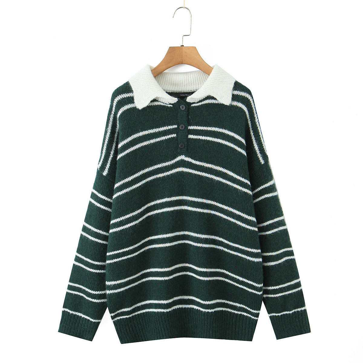 American Retro Preppy-Style Color-Block Striped Lapel Knit Sweater