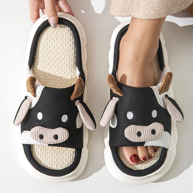 Cute Cow Linen Shit Feeling Interior Non-slip Deodorant Outer Wear Platform Slippers