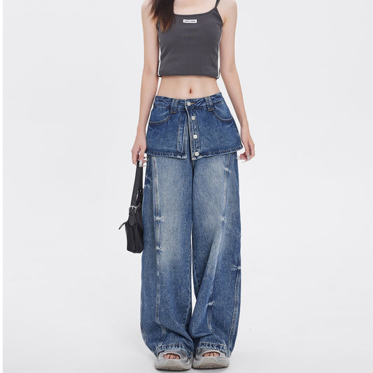 Retro Distressed Faux Two-piece Design Wide-leg Denim Jeans