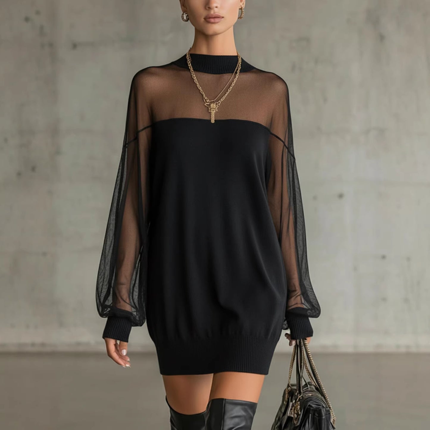 Womens European And American-style Springautumn Mesh Patchwork Mini Skirt O Neck Long Sleeve Pullover Party Dresses