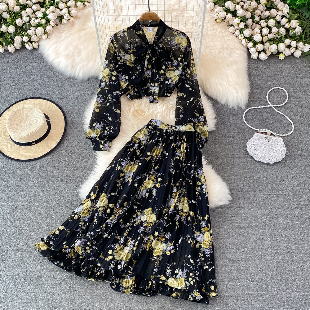 Bow-tie Lace Floral Chiffon High-Waist Pleated Skirt