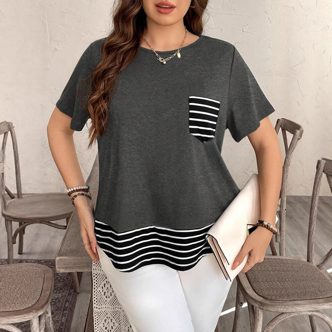 Patchwork Stripes Round Neck Loose Short Sleeves Fake Two-piece Top