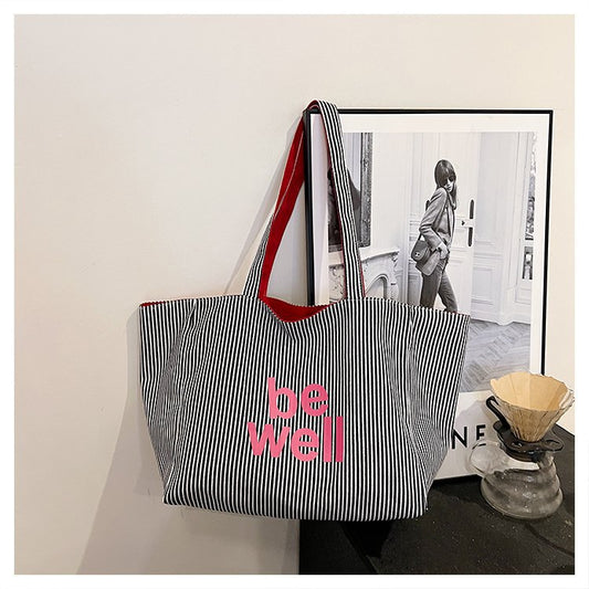 Large Capacity Tote Double-sided New Striped Casual One-shoulder Texture Embroidered Canvas Bag
