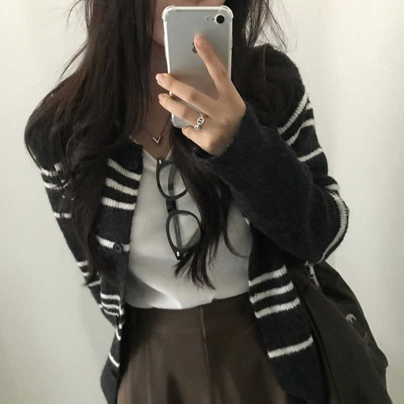 Retro Contrast Color Striped Sweater Coat Knitted Cardigan
