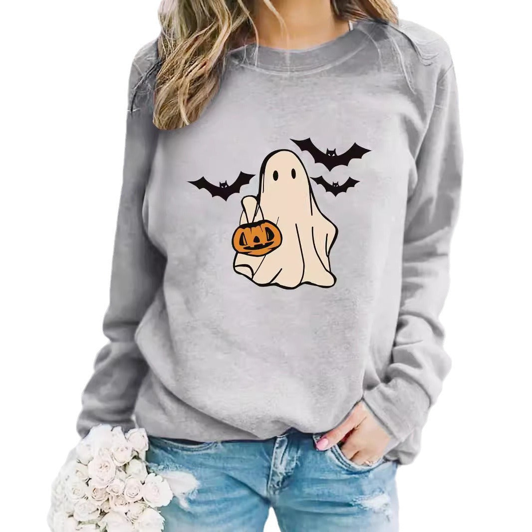 Halloween Casual Long Sleeve Round Neck Cartoon Ghost Print Pullover Sweater Sweatshirt