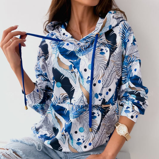 Dames sweatshirtfrakke med blomstermønster og hætte og bindebåndslommer