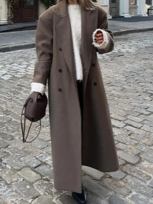 Long Wool Coat With A Business Suit-style Collar For Commuting