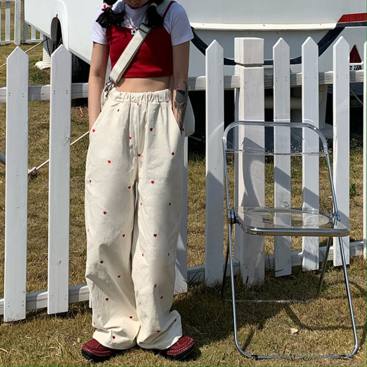 Love Embroidered Straight Leg Wide Leg Pants With Loose Fit