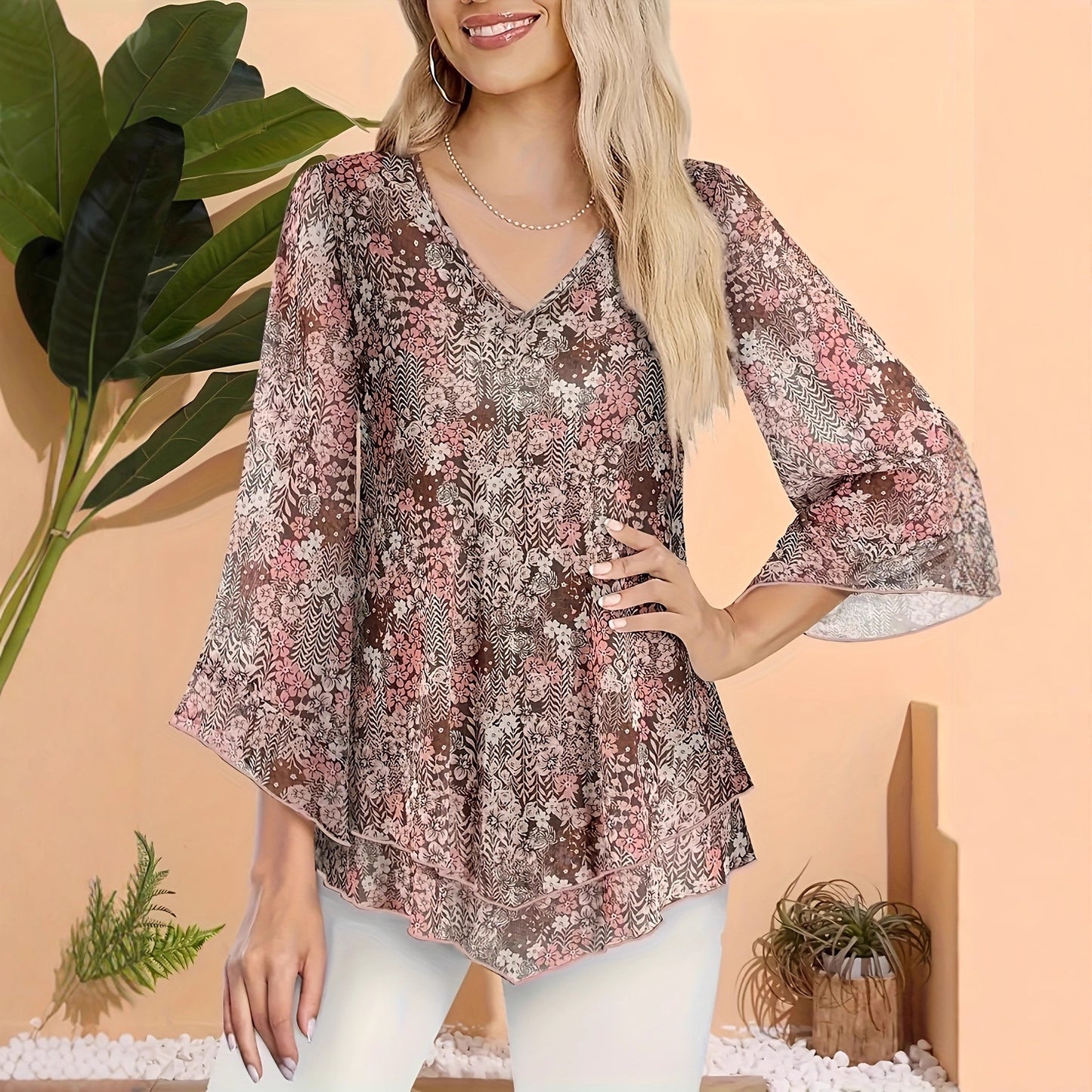 Women's Floral Print V-neck Chiffon Long Sleeve Top