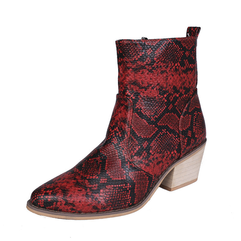 Snake Print Square Toe Thick Heel Sexy Short Boots With Side Zipper
